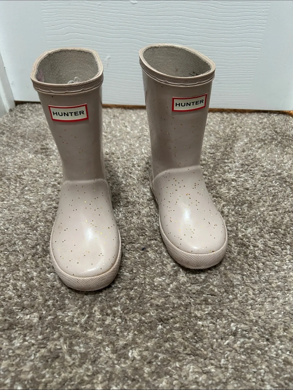 Hunter Kids Beige Pink Glitter Rubber Rain Boots